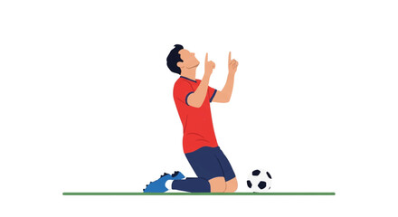 Fototapeta premium Soccer player kneeling on the pitch, pointing both index fingers towards the sky in a goal celebration of gratitude, humble stance, minimalist flat vector artwork, clipart style, absolute solid