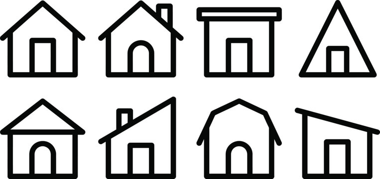 Set of house icons, various architectural styles and roof types