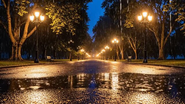Rainy streetscape with a row of illuminated street lamps reflected in the puddles during twilight, a tranquil scene.