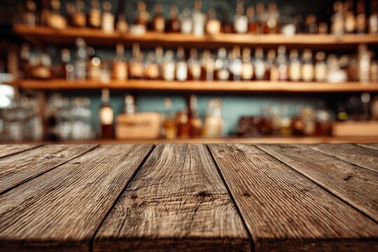 Rustic wooden tabletop foreground with blurred bottles of spirits on shelves