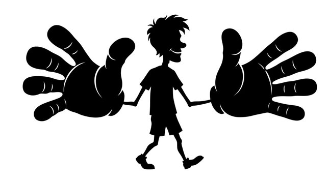 Boy held by giant hands side.
