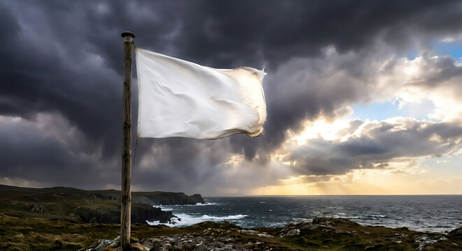 Blank white flag of surrender or peace waving in the wind against a dramatic stormy sky and sun rays over the ocean, generative AI
