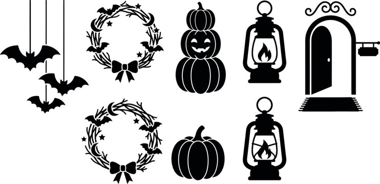 Halloween-themed vector illustration featuring spooky pumpkins, bats, and lanterns in a festive style