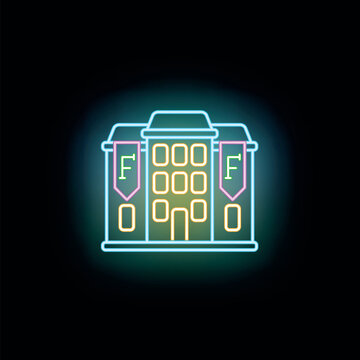 Building icon glowing with neon lines on dark black background