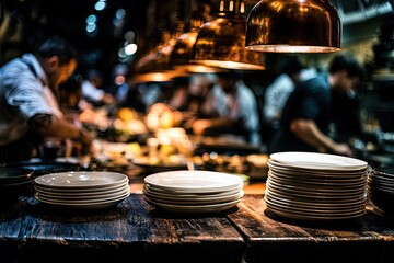 Obraz premium Plates stacked on a rustic table in a dimly lit, busy restaurant kitchen