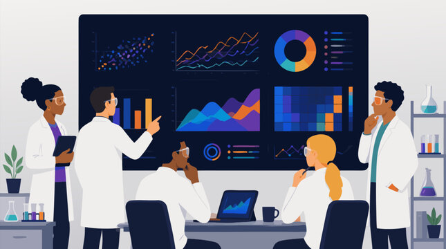 Faceless lab researchers reviewing colorful charts on a large analytics dashboard, combining data science, experimentation, collaboration, diagnostics, discovery, and strategic insight