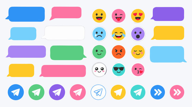 Bright flat vector messaging app icon collection with colorful chat bubbles, emoji sticker faces, paper plane send buttons and double arrow controls for social media conversations