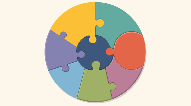 Colorful circular budget puzzle infographic with interlocking coin shaped pieces forming a complete financial plan, symbolizing allocation, teamwork, savings, strategy and balance in flat vector