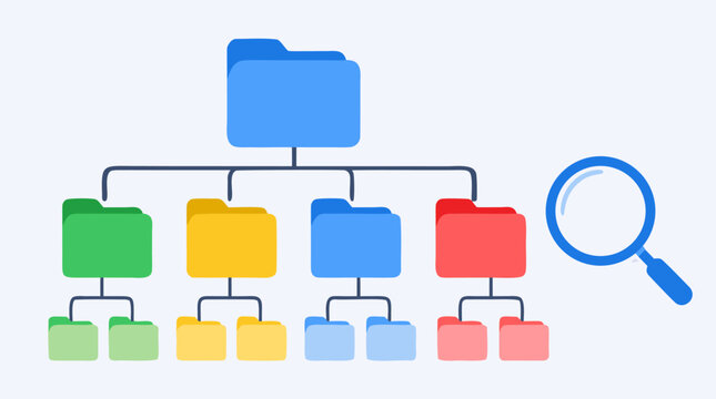 Color coded folder hierarchy icon set with nested subfolders, search magnifier, connected archive tree and clean flat vector layout for file organization, document management and digital storage