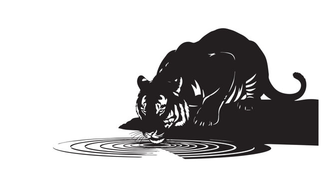 Black cat drinking water from a puddle on the ground in a natural outdoor setting.