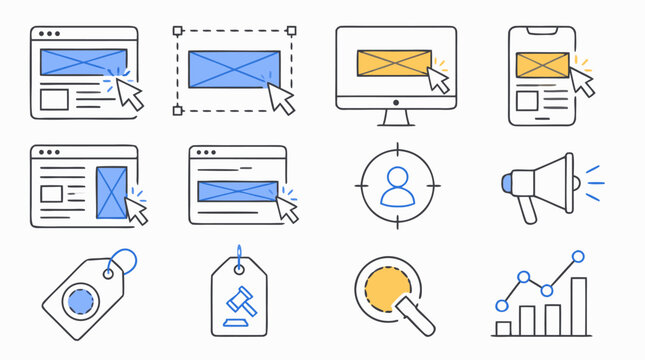 Editable digital advertising stroke icon set with web banners, display ads, click cursors, targeting, megaphone, bid tags, analytics chart and auction symbols for marketing campaigns