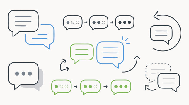 Editable live chat line icon set with rounded message bubbles, typing dots, reply arrows, conversation threads and customer service prompts for modern messenger app interface design