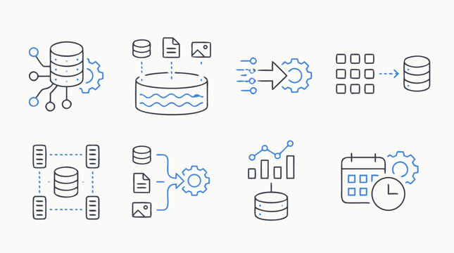 Minimalist big data processing line icon set with data lake storage, streaming pipelines, batch jobs, database clusters, scheduled workflows and analytics engineering in editable vector style