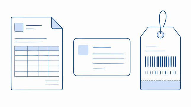 Editable stroke shipping and delivery paperwork vector icon set with packing slip, invoice sheet, address card, barcode tag, tracking label for logistics, warehouse and ecommerce orders