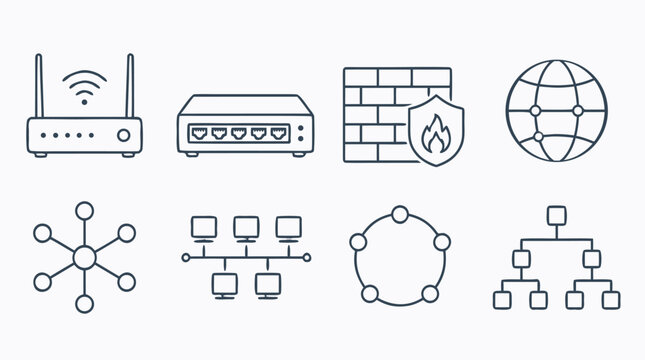 Computer networking line icon set with router, switch, firewall, globe, hub, topology nodes and server hierarchy, editable stroke vector symbols for IT infrastructure, cybersecurity and LAN design