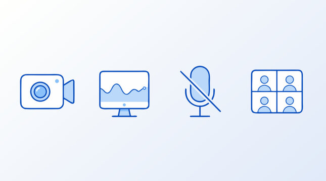 Editable stroke vector icon set for video conferencing tools, showing webcam, screen share monitor, muted microphone and participant grid in crisp blue outline for remote teamwork and online meetings