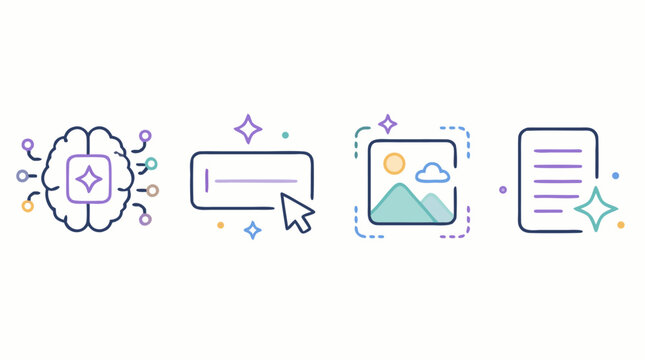 Rounded line vector icon set for generative AI tools, neural processor, prompt input box, cursor, image synthesis preview and text generation document for modern creative automation interfaces