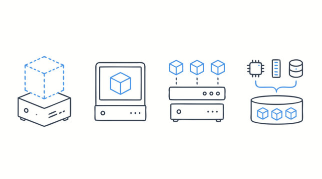 Minimalist virtualization line icon set with virtual machines, hypervisor server, cloud cube, resource pooling and data center hardware, editable blue outline vector for IT infrastructure