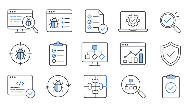 Minimalist software testing set with bug tracking, unit tests, QA checklist, code review, automation flows, defect reports, validation shield and quality assurance dashboards in editable vector style