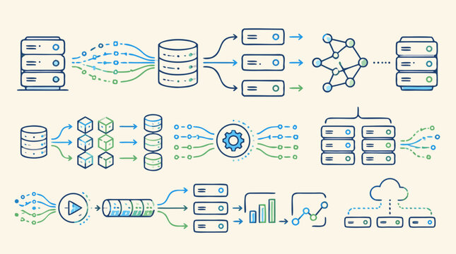 Big data processing line icon set with server stacks, database clusters, parallel computing nodes, streaming data flows, cloud sync, analytics pipelines and editable vector stroke diagrams