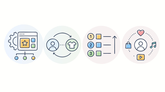 Rounded line vector icon set illustrating recommendation engine UI, similarity matching, ranked results and personalized media shopping choices for modern ecommerce apps and product discovery