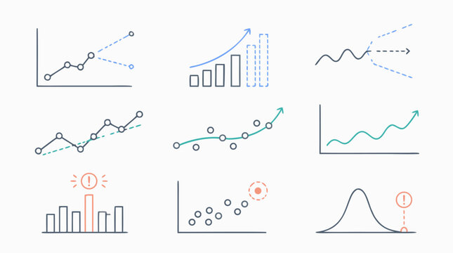 Predictive analytics thin line icon set with forecasting charts, trend detection, regression paths, anomaly alerts, scatter plots and data visualization graphics for scalable vector dashboards