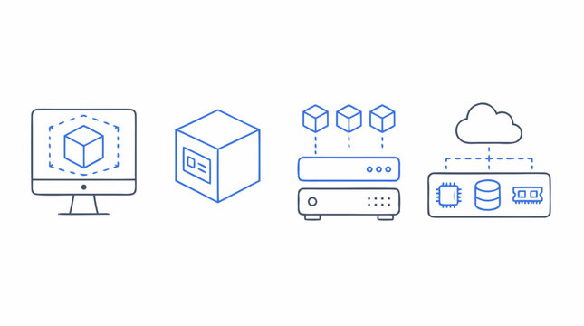 Clean virtualization outline icons showing desktop sandbox, virtual appliance cube, stacked hypervisor hosts and cloud resource pool, editable blue vector for enterprise infrastructure