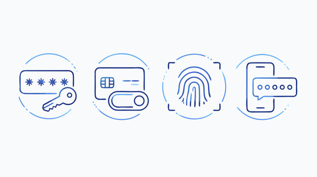Multi factor authentication line icon set with password key, security token switch, fingerprint scan and one time code message, blue editable stroke vector for secure login systems