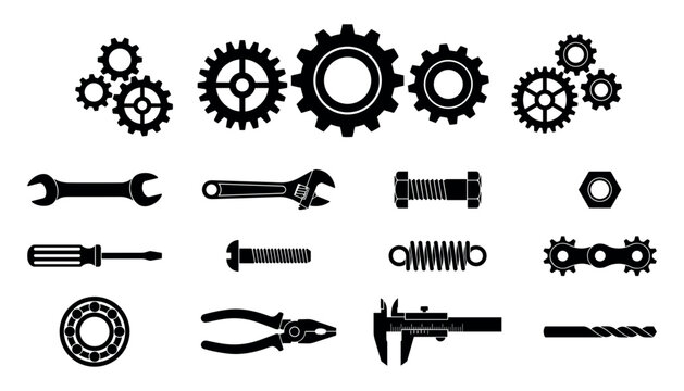 Industrial Mechanical Tool and Gear Silhouette Set for Construction, Engineering, Machine Maintenance, Repair Workshop Graphic Designs, and Technical Blueprints