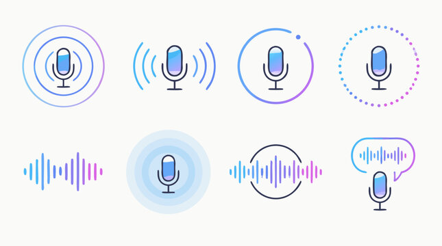 Editable stroke voice assistant vector icon set with gradient microphone, sound rings, waveform, speech bubble, audio recognition and smart speaker interface symbols for app UI design