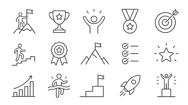 Success and achievement line icon set with trophy, medal, target, goal flag, growth chart, rocket, checklist, stairs, mountain peak and winner podium, editable stroke vector illustration