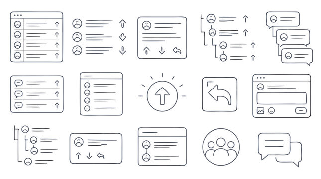 Community forum line icon set with threaded discussion lists, upvote and downvote arrows, nested replies, chat bubbles, user profiles, moderation UI, editable stroke vector illustration