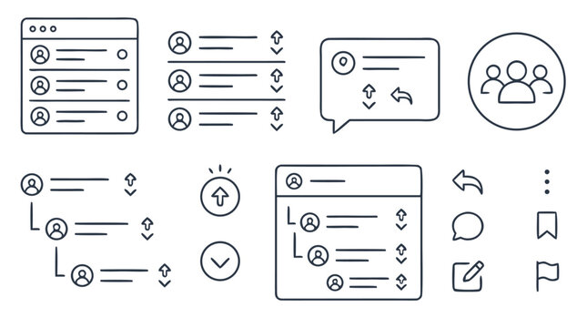 Community forum line icon set with thread lists, nested replies, upvote and downvote arrows, comment bubbles, user groups, moderation flags and editable stroke UI elements for social platforms