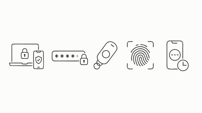 Multi factor authentication line icon set with password lock, mobile shield, hardware token, fingerprint scan and one time code timer, editable stroke vector security UI for login protection