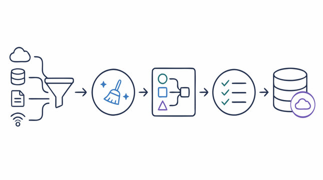 Data pipeline stages outline icon set showing cloud inputs, ingestion funnel, cleaning brush, transformation mapping, validation checklist and database storage, editable stroke vector illustration