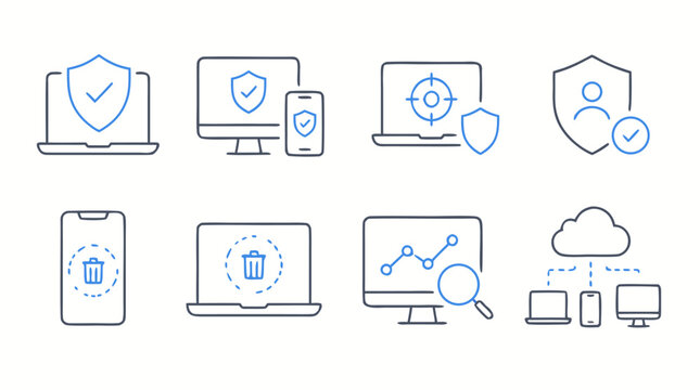 Endpoint protection thin line icon set with secured laptops, mobile shields, remote wipe, device monitoring, cloud management, analytics and user identity defense for cybersecurity vectors