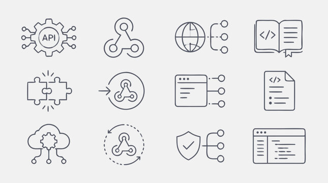 API integration, webhooks, endpoints and developer documentation thin line icon set with cloud services, code browser, security shield, puzzle connector and sync workflow, editable vector stroke