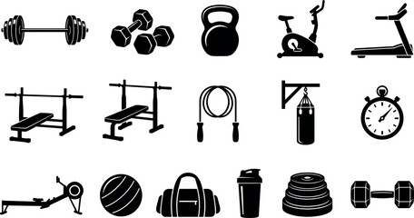 Gym Fitness Equipment and Bodybuilding Workout Silhouette Icon Set for Strength Training Centers, Crossfit Athletic Clubs, Healthy Lifestyle Apps, and Weightlifting Exercise Routine Designs © alexjender