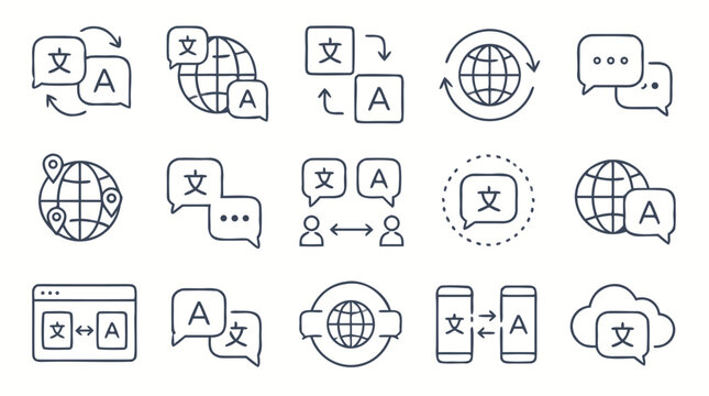 Editable stroke translation icon set with language globes, multilingual chat bubbles, swap arrows, mobile messages and web localization symbols for global communication apps and services