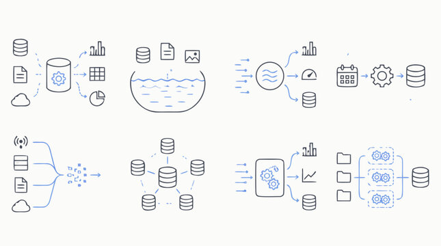 Minimal big data line icon collection showing data lake storage, streaming pipelines, batch processing jobs, cloud ingestion, database clusters, analytics automation and scalable ETL workflow