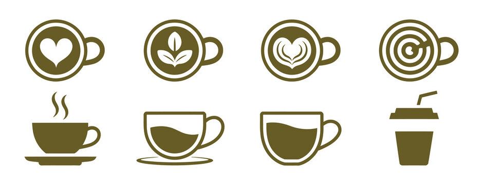 Cafe coffee vector collection with cappuccino, latte art, espresso cups and takeaway drink icons for menu design.