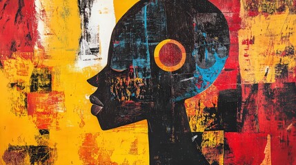 Fototapeta premium Abstract portrait of a person in profile with vibrant yellow, red, and black textured background
