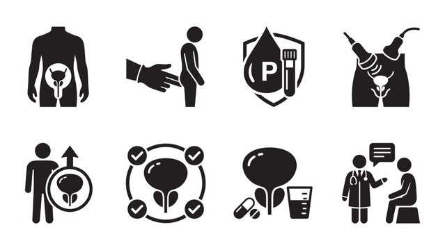 Set of prostate health and urology medical examination icons.