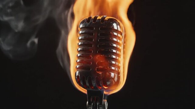Vintage silver microphone engulfed in bright orange flames and smoke against a black background