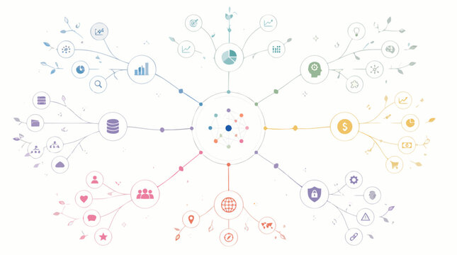 Delicate mind map analytics vector diagram with central network hub, colorful branching leaf nodes, business insights icons, data themes and abstract knowledge ecosystem for strategy planning