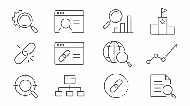 Editable stroke SEO icon collection with magnifiers, ranking bars, links, browser windows and analytics charts, clean outline vector symbols for search optimization and digital marketing