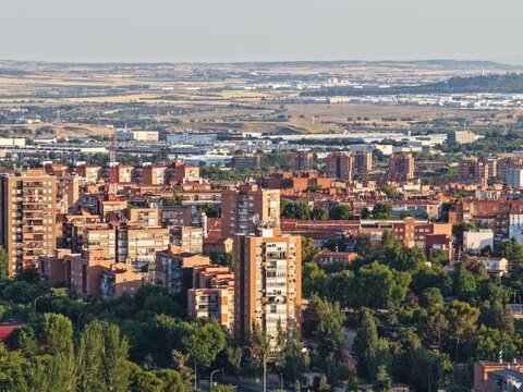 Aerial Cityscape of Madrid Suburbs and Rooftops in Spain