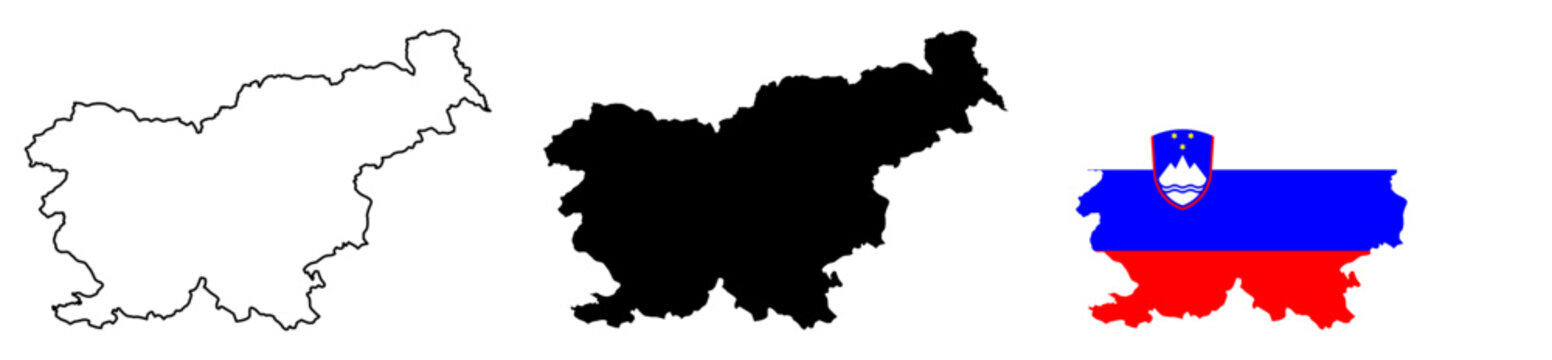 Slovenia complete map silhouette collection with national flag and border outline