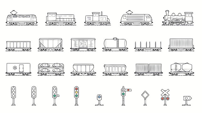Cargo train thin line icon set with locomotives, freight wagons, tank cars, containers, car carriers, railway signals, crossing signs and logistics transport symbols in editable vector outline