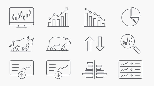 Stock trading thin line icon collection featuring candlestick monitor, bullish and bearish charts, pie allocation, buy sell arrows, ticker lists and market analysis tools in editable vector style